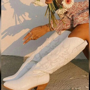 Embroidered Cowboy Boots For Women Pointed Toe Block Chunky High Heels Knee High